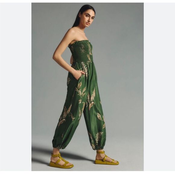 Anthropologie Olive Green Tropical Leaf Balloon Leg Smocked Sleeveless Jumper - Picture 1 of 16